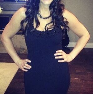 BCBG black bandage style dress with jeweled neckline, size large